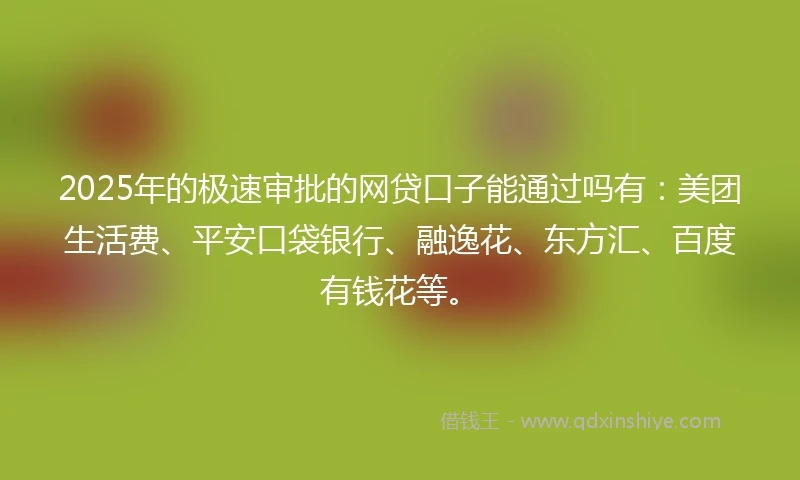 2025年的极速审批的网贷口子能通过吗有：美团生活费、平安口袋银行、融逸花、东方汇、百度有钱花等。