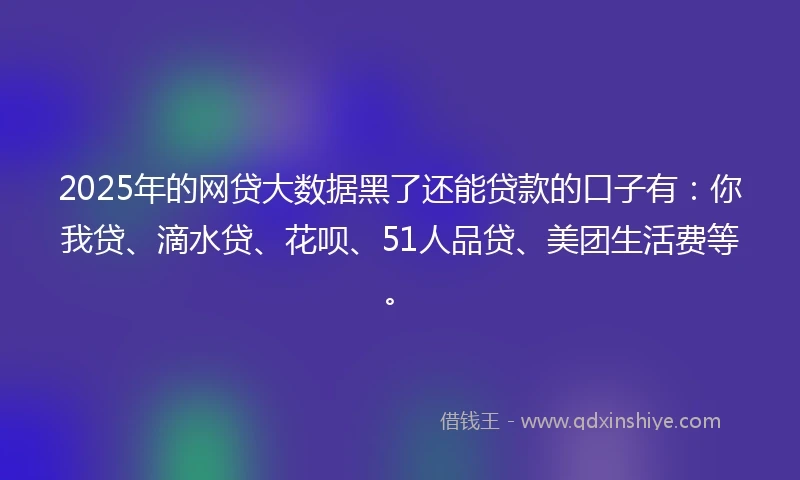 2025年的网贷大数据黑了还能贷款的口子有：你我贷、滴水贷、花呗、51人品贷、美团生活费等。