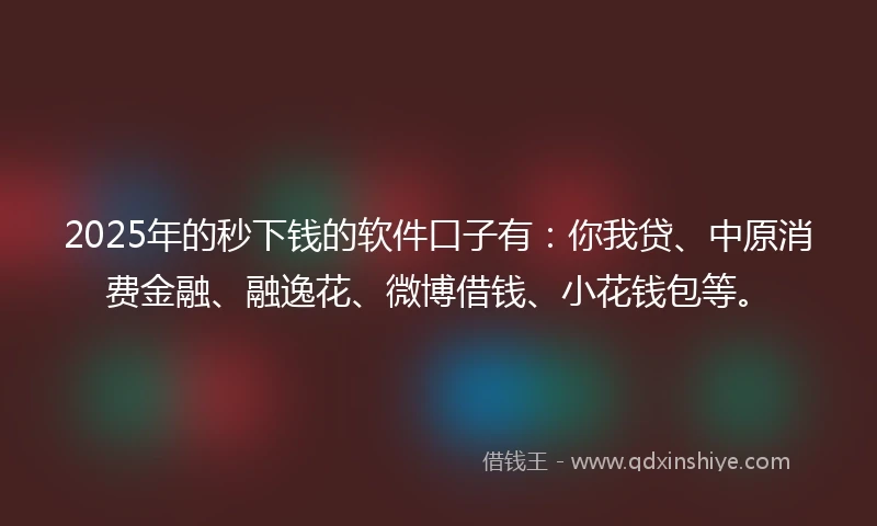 2025年的秒下钱的软件口子有：你我贷、中原消费金融、融逸花、微博借钱、小花钱包等。