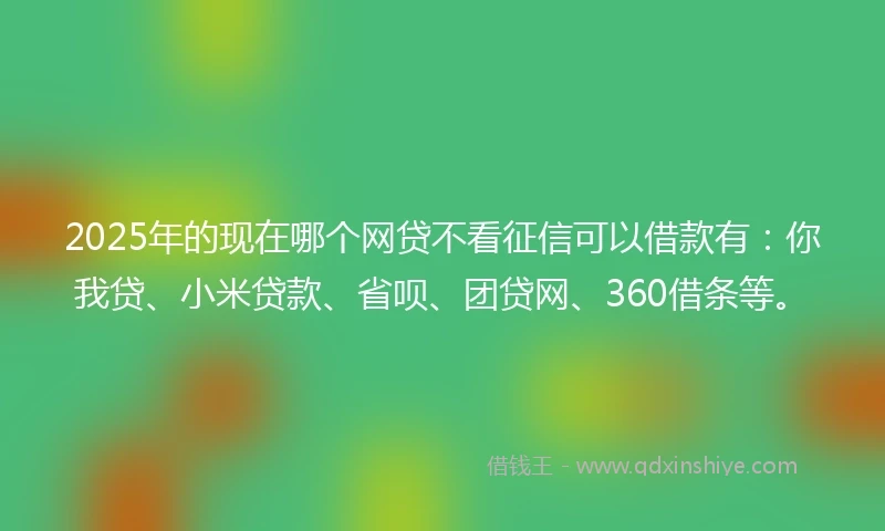 2025年的现在哪个网贷不看征信可以借款有：你我贷、小米贷款、省呗、团贷网、360借条等。