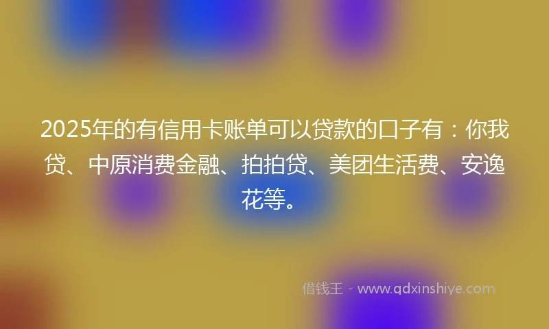 2025年的有信用卡账单可以贷款的口子有：你我贷、中原消费金融、拍拍贷、美团生活费、安逸花等。