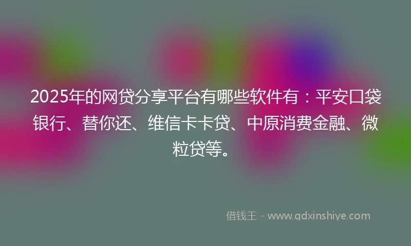 2025年的网贷分享平台有哪些软件有：平安口袋银行、替你还、维信卡卡贷、中原消费金融、微粒贷等。