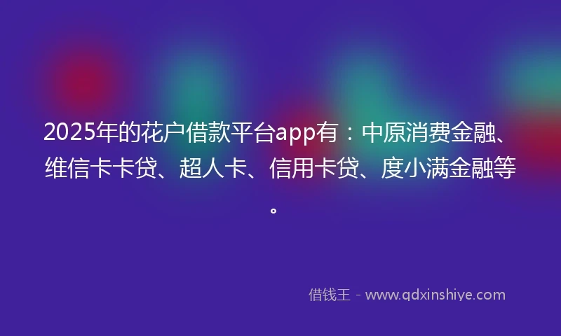 2025年的花户借款平台app有：中原消费金融、维信卡卡贷、超人卡、信用卡贷、度小满金融等。