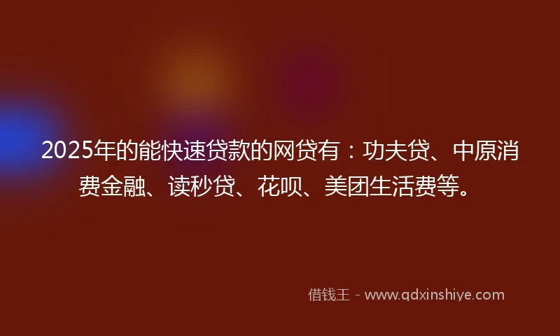 2025年的能快速贷款的网贷有：功夫贷、中原消费金融、读秒贷、花呗、美团生活费等。