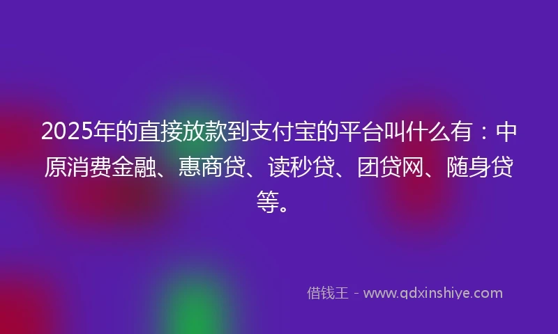 2025年的直接放款到支付宝的平台叫什么有：中原消费金融、惠商贷、读秒贷、团贷网、随身贷等。