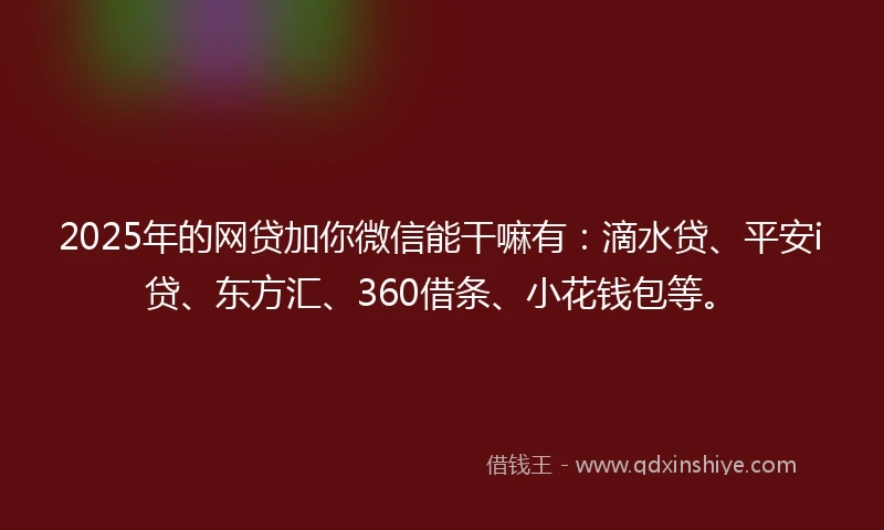 2025年的网贷加你微信能干嘛有：滴水贷、平安i贷、东方汇、360借条、小花钱包等。