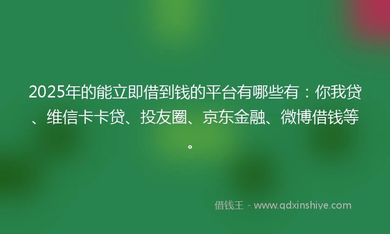 2025年的能立即借到钱的平台有哪些有:你我贷、维信卡卡贷、投友圈、京东金融、微博借钱等。