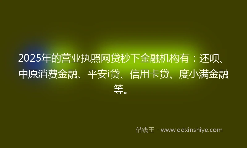 2025年的营业执照网贷秒下金融机构有：还呗、中原消费金融、平安i贷、信用卡贷、度小满金融等。