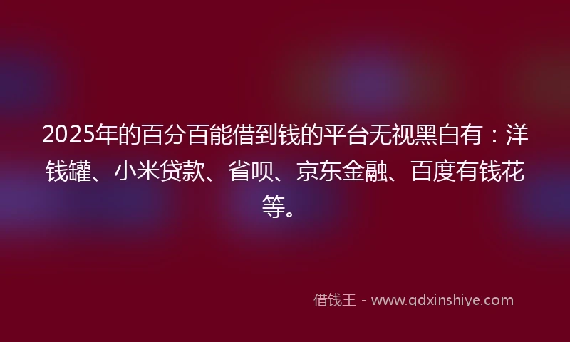 2025年的百分百能借到钱的平台无视黑白有：洋钱罐、小米贷款、省呗、京东金融、百度有钱花等。
