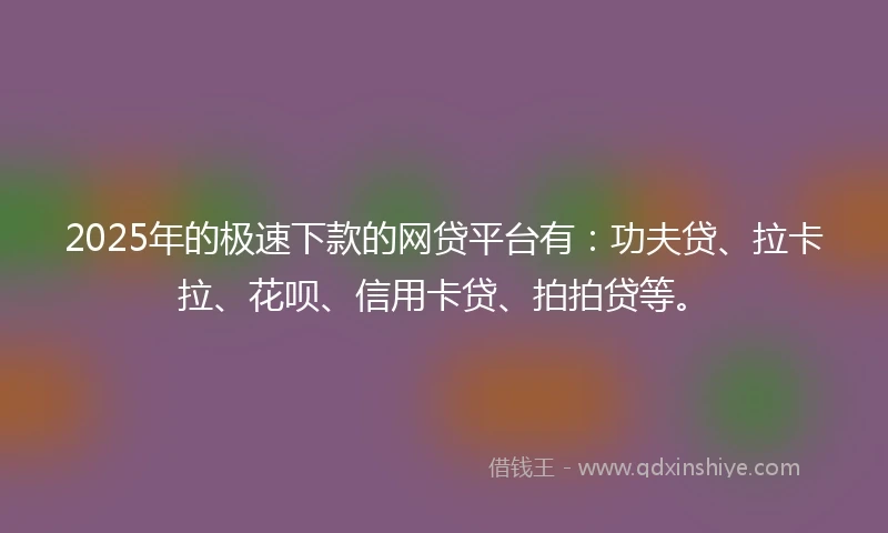 2025年的极速下款的网贷平台有：功夫贷、拉卡拉、花呗、信用卡贷、拍拍贷等。