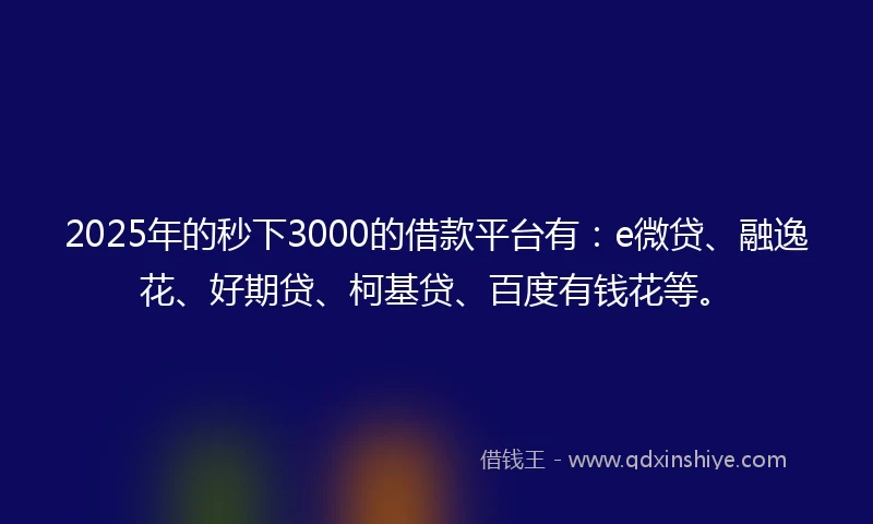 2025年的秒下3000的借款平台有：e微贷、融逸花、好期贷、柯基贷、百度有钱花等。