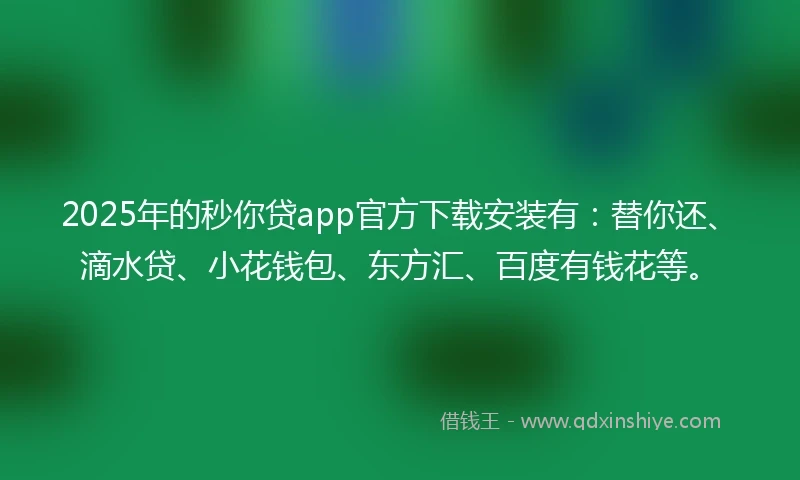 2025年的秒你贷app官方下载安装有：替你还、滴水贷、小花钱包、东方汇、百度有钱花等。
