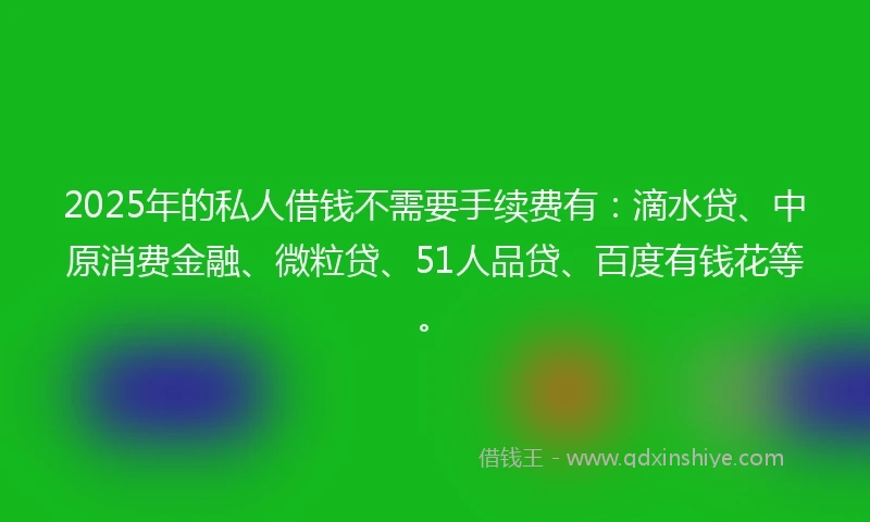 2025年的私人借钱不需要手续费有：滴水贷、中原消费金融、微粒贷、51人品贷、百度有钱花等。