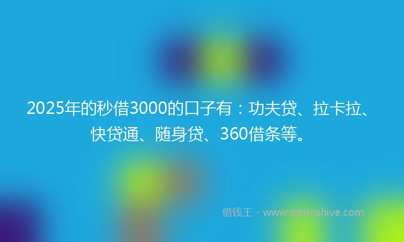 2025年的秒借3000的口子有：功夫贷、拉卡拉、快贷通、随身贷、360借条等。