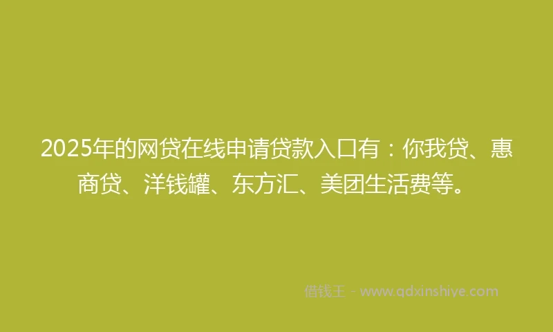 2025年的网贷在线申请贷款入口有：你我贷、惠商贷、洋钱罐、东方汇、美团生活费等。