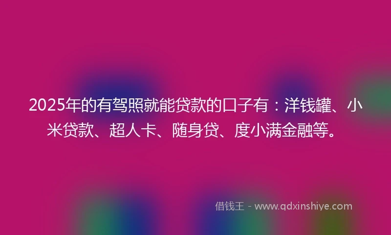 2025年的有驾照就能贷款的口子有：洋钱罐、小米贷款、超人卡、随身贷、度小满金融等。