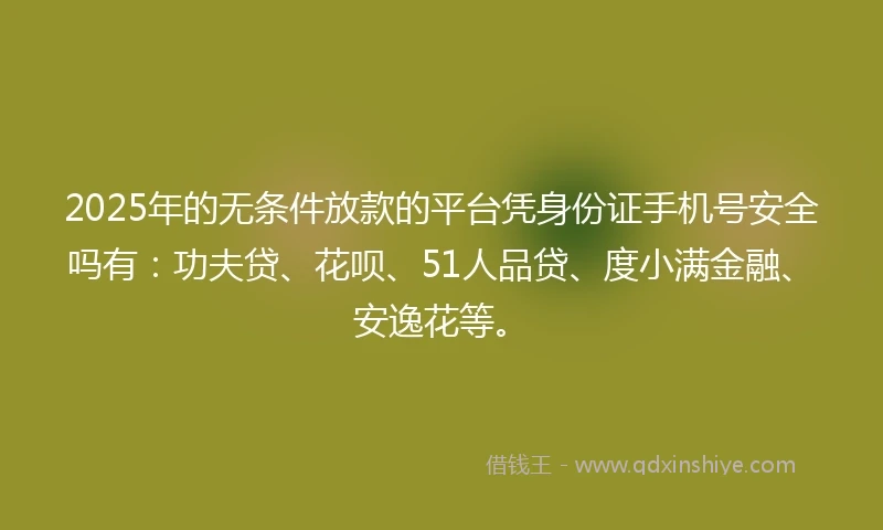 2025年的无条件放款的平台凭身份证手机号安全吗有：功夫贷、花呗、51人品贷、度小满金融、安逸花等。