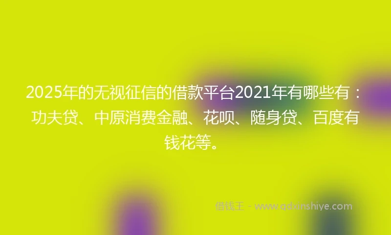 2025年的无视征信的借款平台2021年有哪些有：功夫贷、中原消费金融、花呗、随身贷、百度有钱花等。