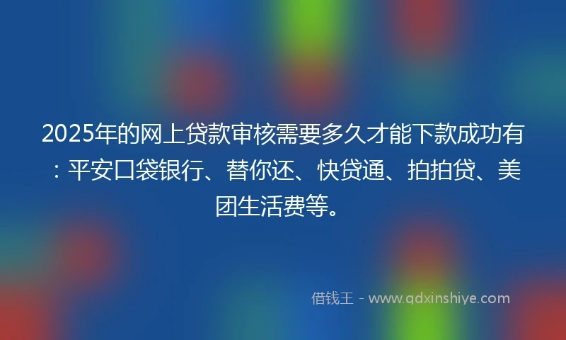 2025年的网上贷款审核需要多久才能下款成功有：平安口袋银行、替你还、快贷通、拍拍贷、美团生活费等。
