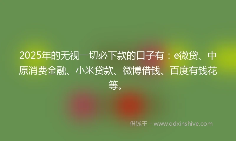 2025年的无视一切必下款的口子有：e微贷、中原消费金融、小米贷款、微博借钱、百度有钱花等。