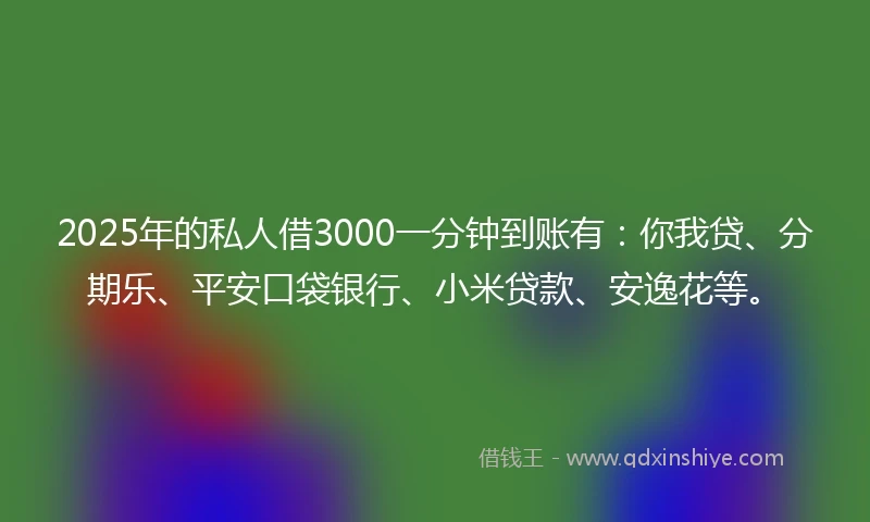 2025年的私人借3000一分钟到账有：你我贷、分期乐、平安口袋银行、小米贷款、安逸花等。