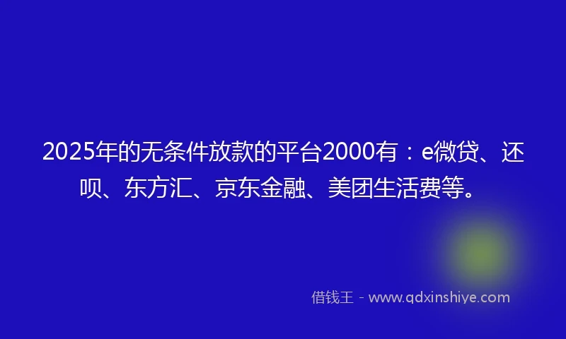 2025年的无条件放款的平台2000有：e微贷、还呗、东方汇、京东金融、美团生活费等。