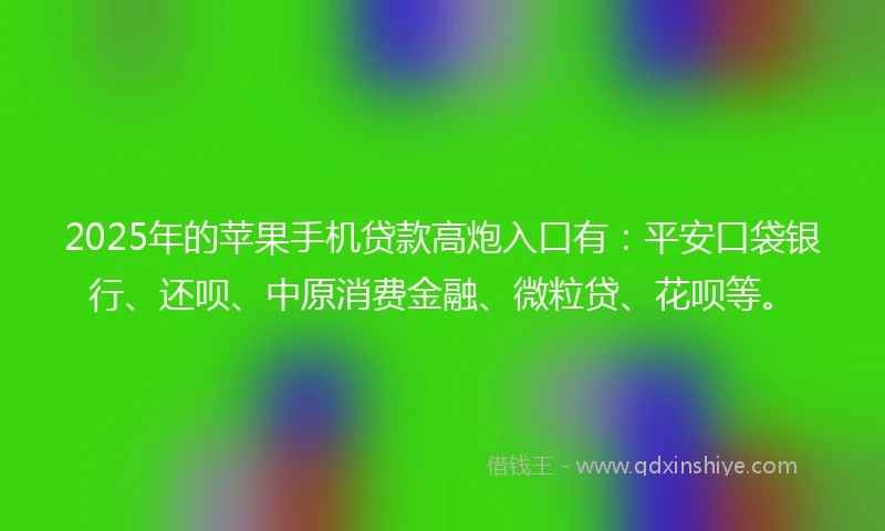 2025年的苹果手机贷款高炮入口有：平安口袋银行、还呗、中原消费金融、微粒贷、花呗等。