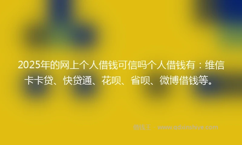 2025年的网上个人借钱可信吗个人借钱有：维信卡卡贷、快贷通、花呗、省呗、微博借钱等。
