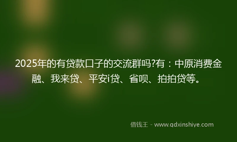 2025年的有贷款口子的交流群吗?有：中原消费金融、我来贷、平安i贷、省呗、拍拍贷等。
