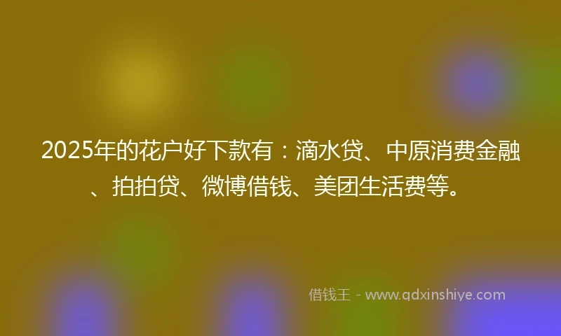 2025年的花户好下款有：滴水贷、中原消费金融、拍拍贷、微博借钱、美团生活费等。