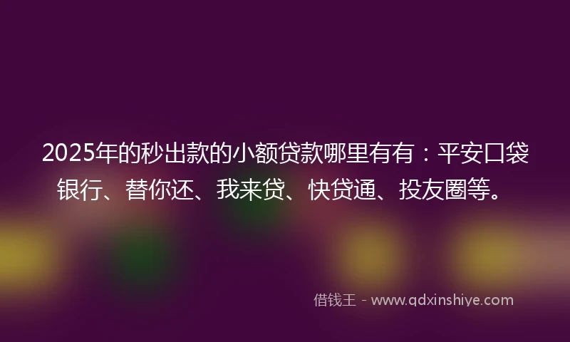 2025年的秒出款的小额贷款哪里有有：平安口袋银行、替你还、我来贷、快贷通、投友圈等。