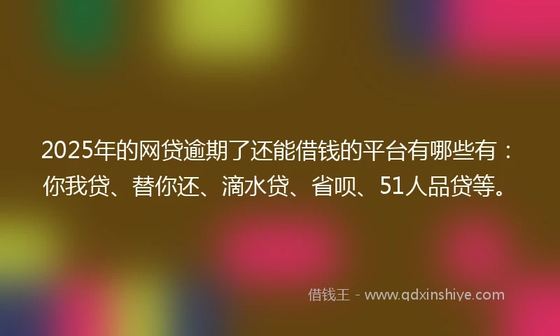 2025年的网贷逾期了还能借钱的平台有哪些有:你我贷、替你还、滴水贷、省呗、51人品贷等。