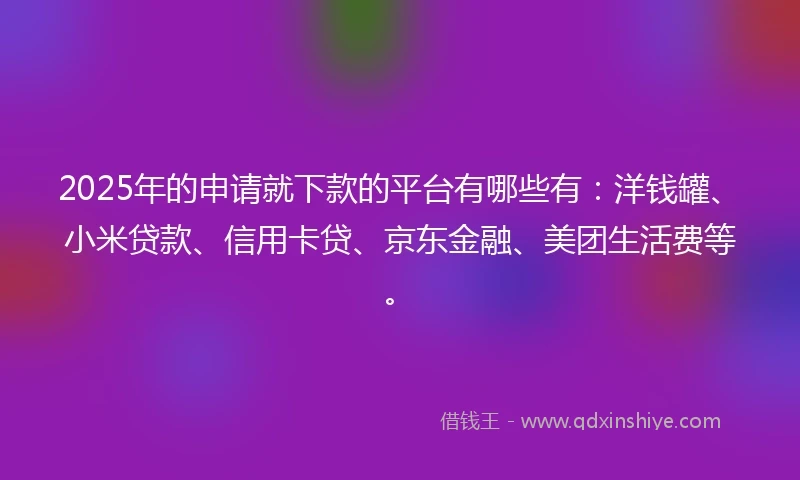 2025年的申请就下款的平台有哪些有：洋钱罐、小米贷款、信用卡贷、京东金融、美团生活费等。