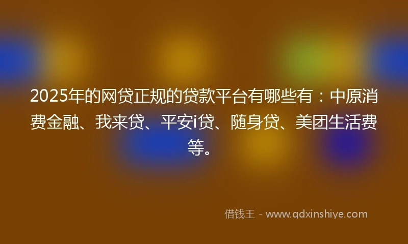 2025年的网贷正规的贷款平台有哪些有：中原消费金融、我来贷、平安i贷、随身贷、美团生活费等。