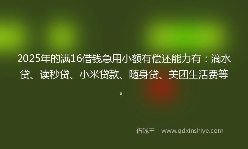 2025年的满16借钱急用小额有偿还能力有：滴水贷、读秒贷、小米贷款、随身贷、美团生活费等。