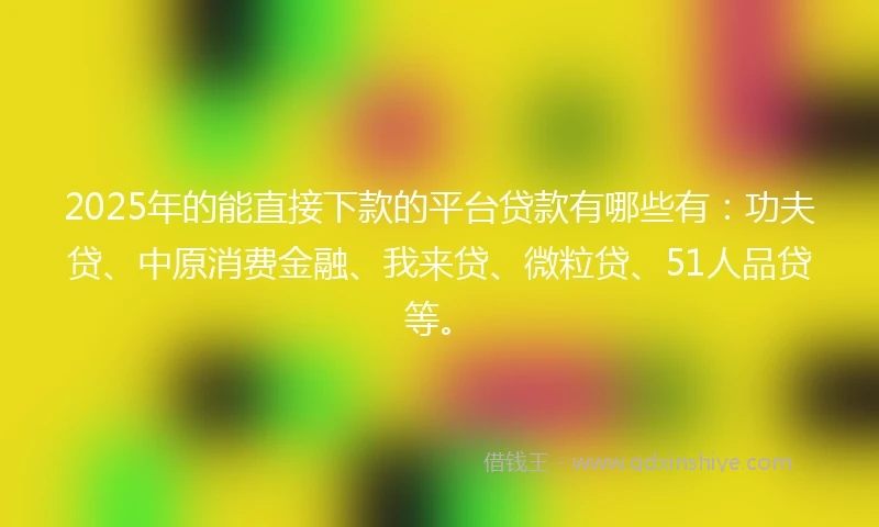 2025年的能直接下款的平台贷款有哪些有:功夫贷、中原消费金融、我来贷、微粒贷、51人品贷等。