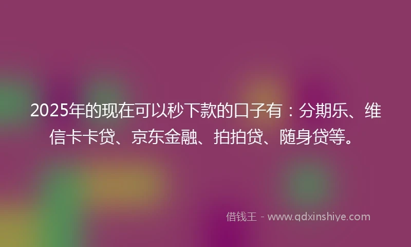 2025年的现在可以秒下款的口子有:分期乐、维信卡卡贷、京东金融、拍拍贷、随身贷等。