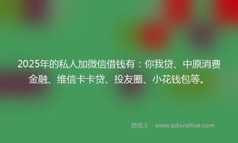 2025年的私人加微信借钱有：你我贷、中原消费金融、维信卡卡贷、投友圈、小花钱包等。