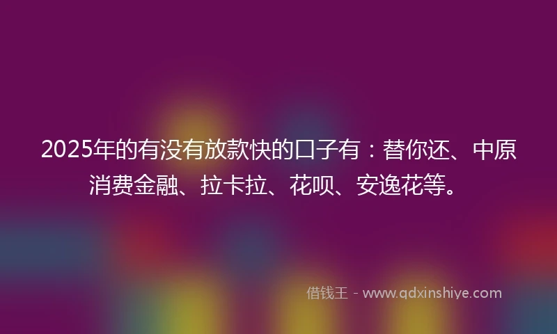2025年的有没有放款快的口子有：替你还、中原消费金融、拉卡拉、花呗、安逸花等。