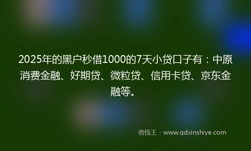 2025年的黑户秒借1000的7天小贷口子有：中原消费金融、好期贷、微粒贷、信用卡贷、京东金融等。