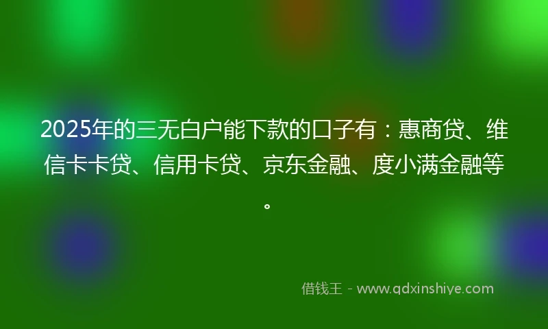 2025年的三无白户能下款的口子有：惠商贷、维信卡卡贷、信用卡贷、京东金融、度小满金融等。