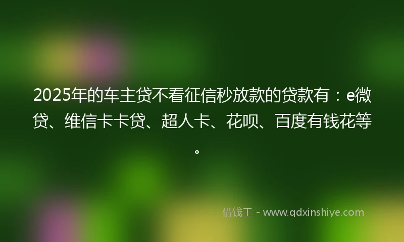 2025年的车主贷不看征信秒放款的贷款有：e微贷、维信卡卡贷、超人卡、花呗、百度有钱花等。
