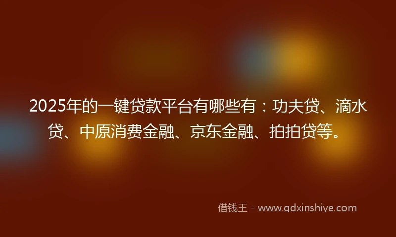 2025年的一键贷款平台有哪些有：功夫贷、滴水贷、中原消费金融、京东金融、拍拍贷等。