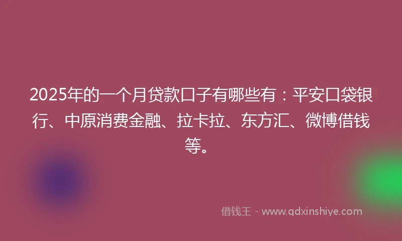 2025年的一个月贷款口子有哪些有：平安口袋银行、中原消费金融、拉卡拉、东方汇、微博借钱等。