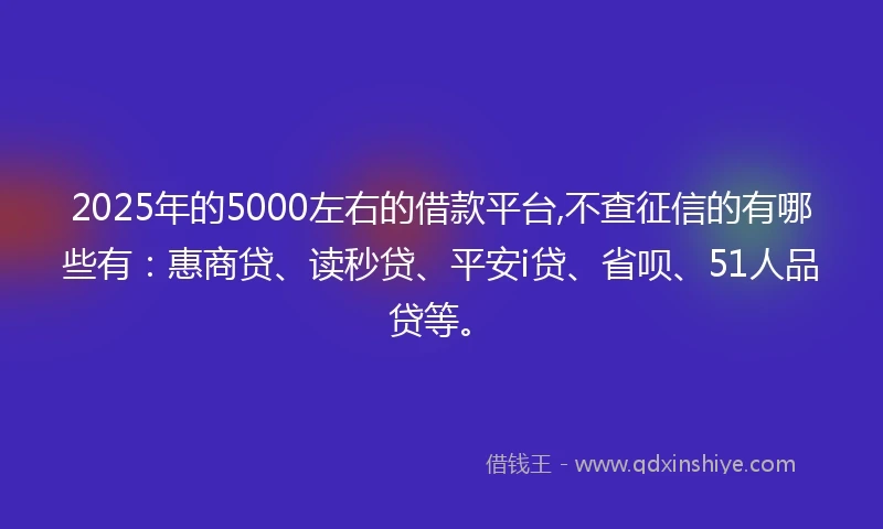 2025年的5000左右的借款平台,不查征信的有哪些有：惠商贷、读秒贷、平安i贷、省呗、51人品贷等。