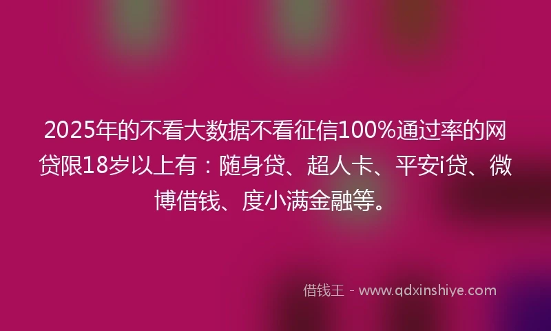 2025年的不看大数据不看征信100%通过率的网贷限18岁以上有：随身贷、超人卡、平安i贷、微博借钱、度小满金融等。