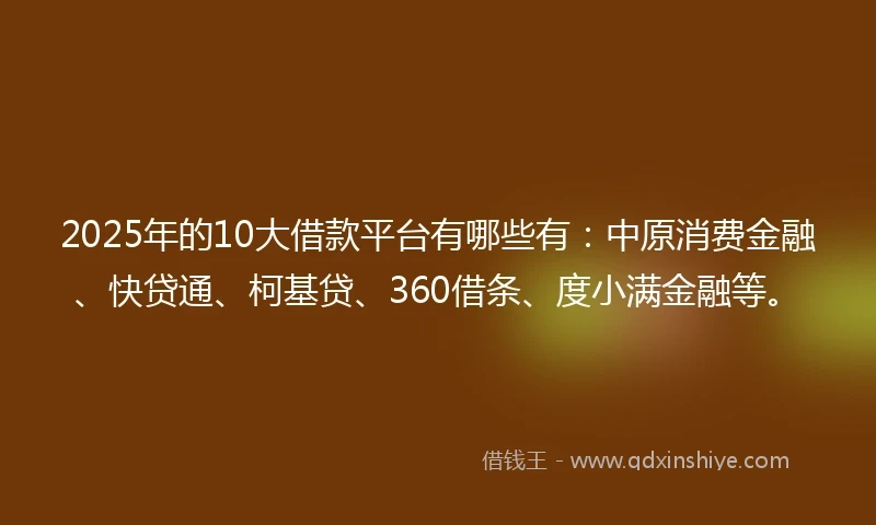 2025年的10大借款平台有哪些有：中原消费金融、快贷通、柯基贷、360借条、度小满金融等。