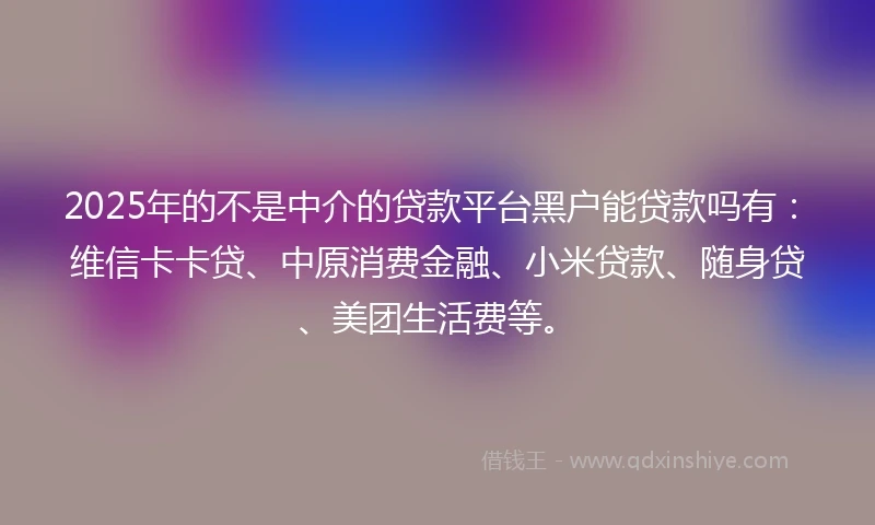 2025年的不是中介的贷款平台黑户能贷款吗有：维信卡卡贷、中原消费金融、小米贷款、随身贷、美团生活费等。