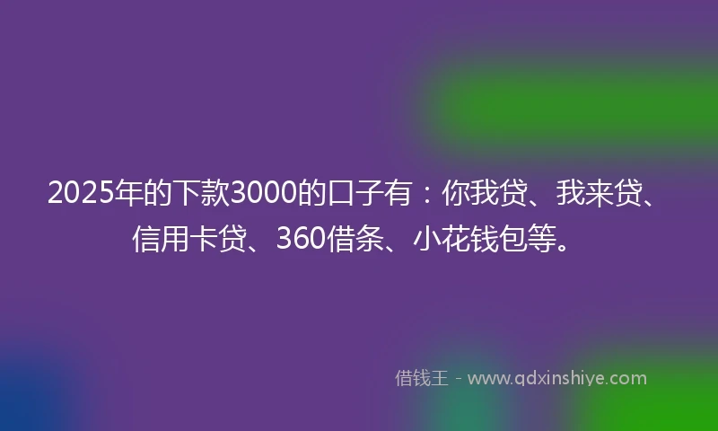 2025年的下款3000的口子有：你我贷、我来贷、信用卡贷、360借条、小花钱包等。