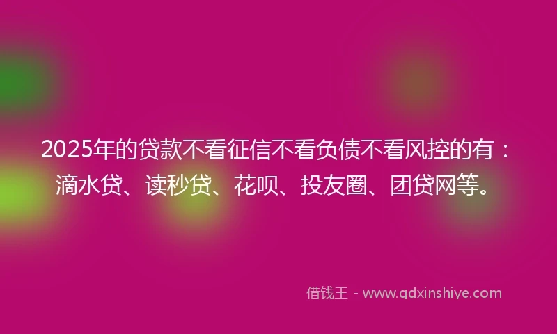 2025年的贷款不看征信不看负债不看风控的有：滴水贷、读秒贷、花呗、投友圈、团贷网等。